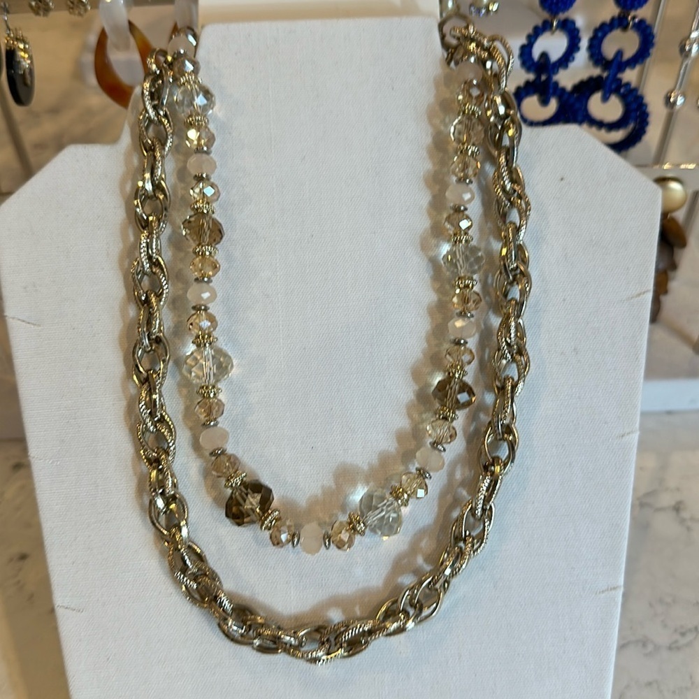 WHBM gold tone with white, pink and beige beads convertible costume necklace